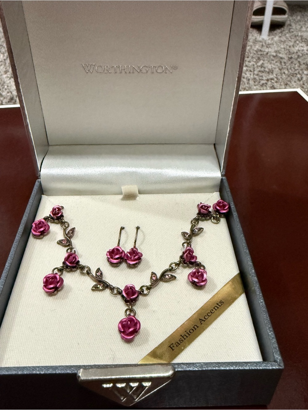 Worthington Gold-Tone Necklace with Pink Rose Accents